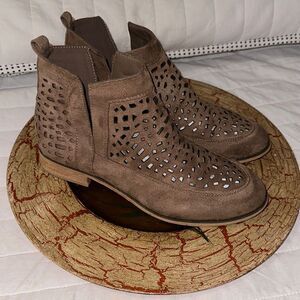 CG 9 Tan Faux Suede Laser Cut V Cut Ankle Booties